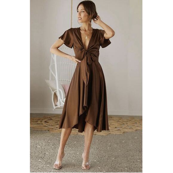Miduo Women’s Satin V Neck Ruffle Short Sleeve Brown Tie Dress XXL - Picture 7 of 7